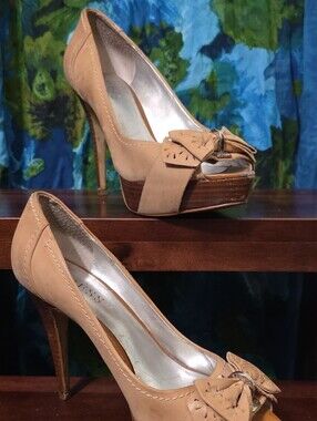 Guess Tan Open-Toe Platform Heels with Bow Detail